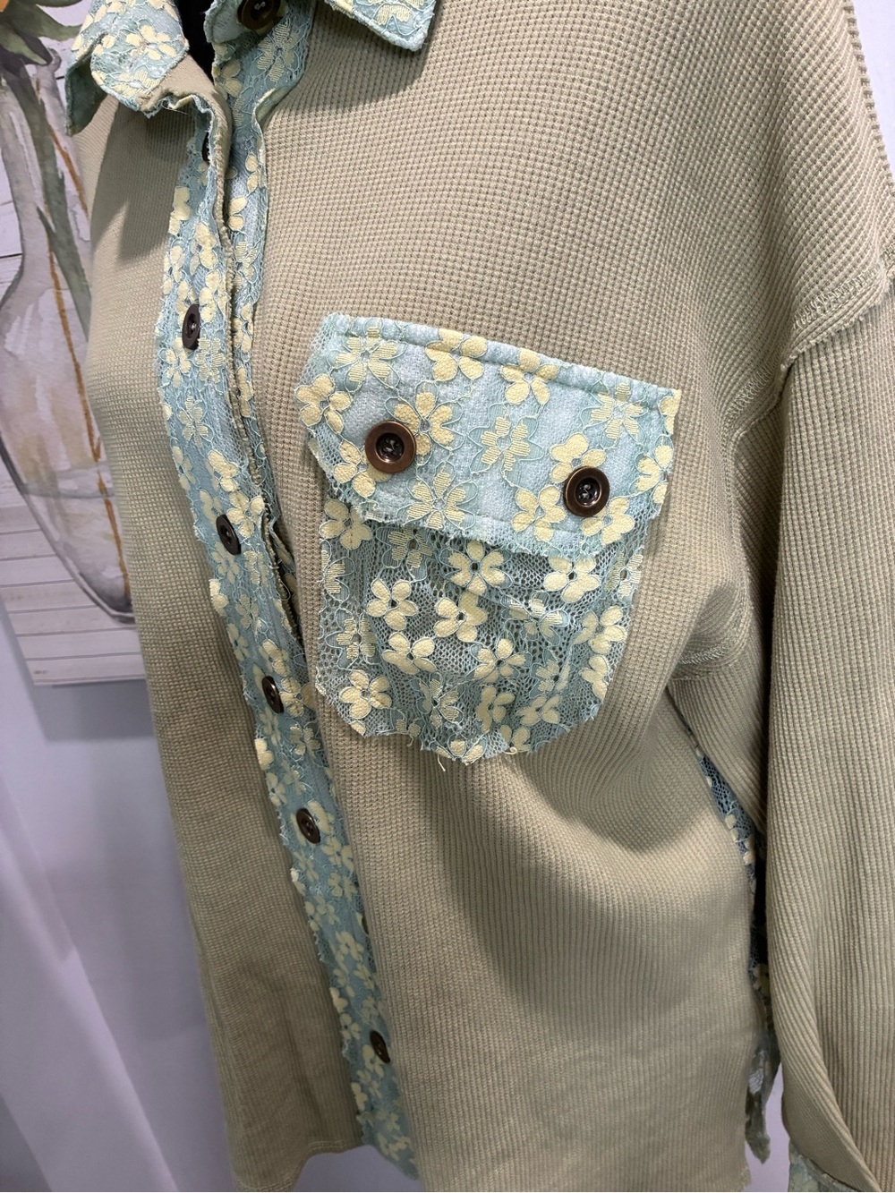 POL Light Olive Green Button-Down Shirt with Floral Trim - Picture 2 of 9